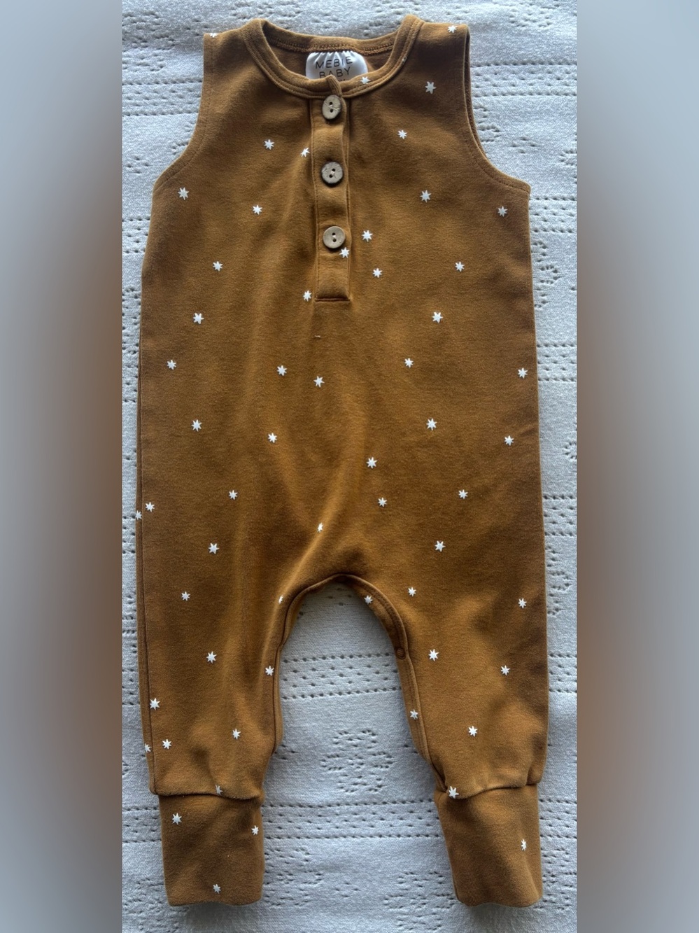 Mebie Baby Organic Cotton Star Romper 6–12M | Brown Neutral Sleeveless